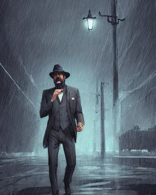 Prompt: a mysterious rugged man in a pinstripe suit holding a pistol in one hand. Pinstripe suit. Raining, street lamps, stormy, atmospheric lighting, mysterious, gloomy. By Makoto Shinkai, Stanley Artgerm Lau, WLOP, Rossdraws, James Jean, Andrei Riabovitchev, Marc Simonetti, krenz cushart, Sakimichan, D&D trending on ArtStation, digital art.