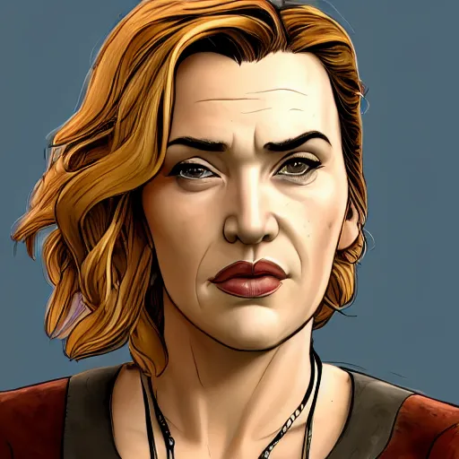 Image similar to kate winslet portrait, borderlands, tales from the borderlands, the wolf among us, comic, cinematic lighting, studio quality, 8 k