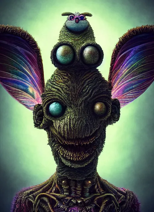 Prompt: a high quality photo of a strange insectoid muppet god with furry fuzzy body and many segmented legs and hypnotic eyes, lightning in the background, absurdist fantasy, sharp focus, vibrant, vivid, symmetry, highly detailed, cinematic, intricate lines, concept art by giger, lisa frank, emil melmoth, alex grey