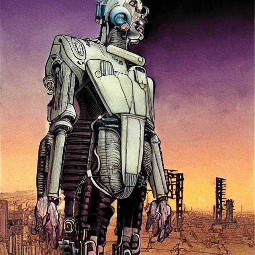 Prompt: Digital portrait of a cyborg from Ghost in the machine by Enki bilal and Moebius and francois Schuiten, cyberpunk, impressive perspective, aesthetic, masterpiece