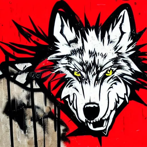 Prompt: vector illustration of a cyber wolf with a mohawk graffiti, red and black, punk, spray smudge, masterpiece, banksy