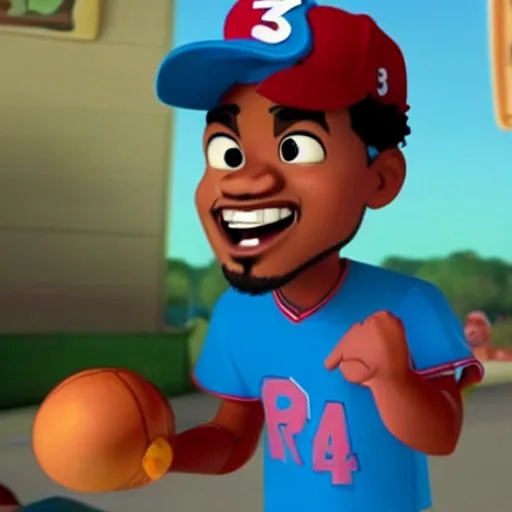 Image similar to a tv still of Chance The Rapper starring in a 2006 Pixar Animated movie