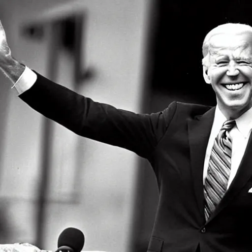 Prompt: archival photograph of joe biden standing over destruction and laughing with his hands in the air