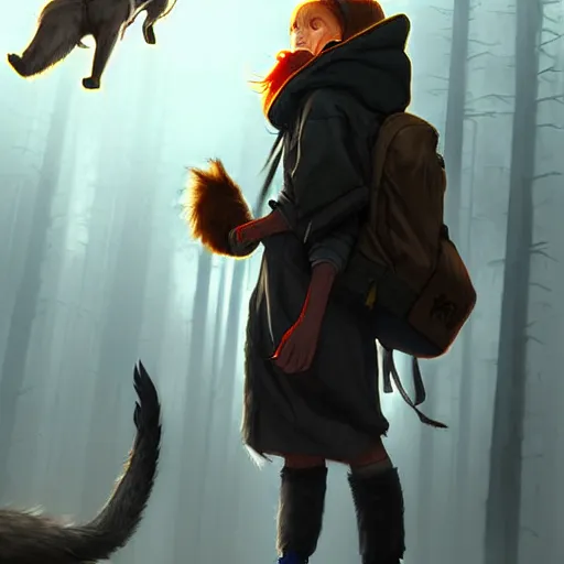 Prompt: brave young girl, wearing an oversized hoodie, backpack, standing near a tall wolf beast, fantasy, apocalyptic setting, sharp focus, character art, illustration, digital art painting, highly detailed, trending on artstation, by masamune shirow, by greg rutkowski, by magali villenueve.