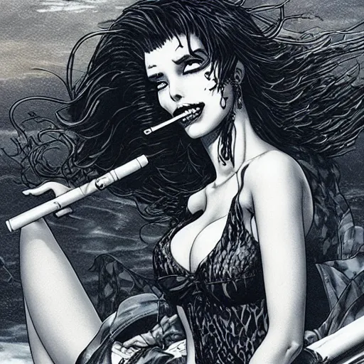 Image similar to closeup of attractive bikini vampire smoking a cigarette, by yoichi hatakenaka, masamune shirow, josan gonzales and dan mumford, ayami kojima, takato yamamoto, barclay shaw, karol bak