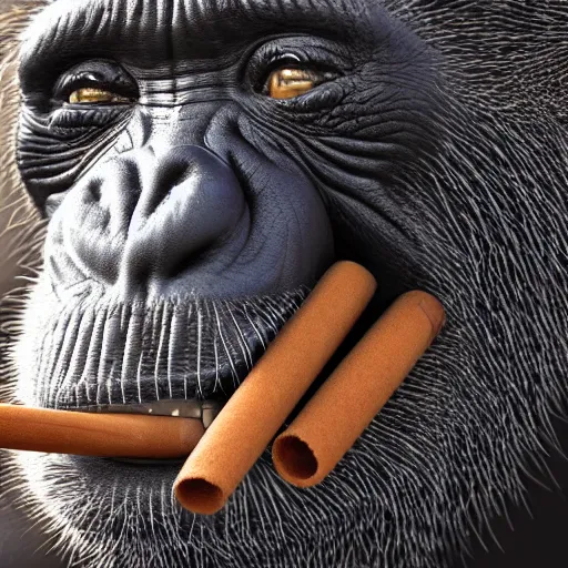 Image similar to a high detail closeup shot of a chimp wearing a suit 👔,and smoking a cigarrette🚬, cgcosiety, artstation, unreal engine, realism