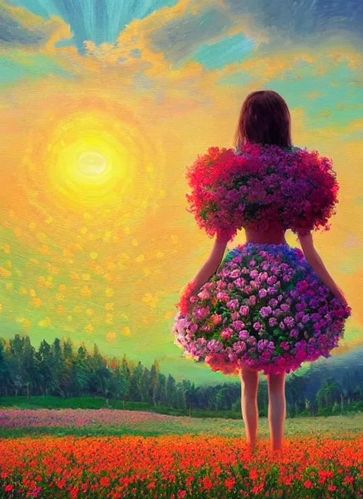 Image similar to girl with giant flower as a face and flower dress, standing in a flower field hills, big trees, sunrise dramatic light, impressionist painting, colorful clouds, digital painting, pointillism, artstation, simon stalenhag