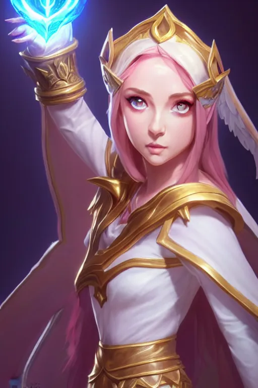 Prompt: a saint noble charming high priestess as a league of legends character, angelic light, fantasy clothes, symmetric face, close up shot, masterpiece, cg animation, riot enterainment, arcane, realistic, hyper detailed, hyper detailed face, character select portrait, 3 d, by artgerm, charlie bowater, ilya kuvshinov, justin gerard