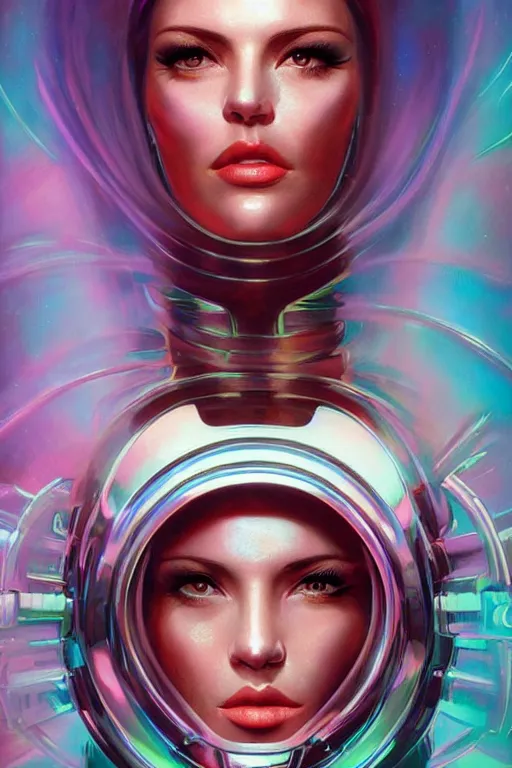 Prompt: retro-futuristic facial portrait of a beautiful female android in vintage used look chrome armour, rim light, ornate pattern, glowing eyes, evil expression, high details, intricate details, painting by vincent di fate, artgerm julie bell beeple, 80s, Smooth gradients, High contrast, depth of field, very coherent symmetrical artwork
