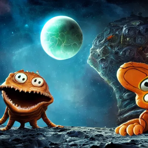 Image similar to one eldritch horror bloody garfield in space, galaxy, hd, 8 k, explosions, giant, epic, realistic photo, unreal engine, stars, prophecy, powerful, cinematic lighting, destroyed planet, debris, violent, sinister, ray tracing, dynamic, print, epic composition, dark, horrific, teeth