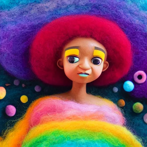 Image similar to a black girl with a colorful afro and rainbow eyes, in a candy forest! at night, bokeh, bright colours, watercolor, volumetric wool felting, macro photography, children illustration, by goro fujita