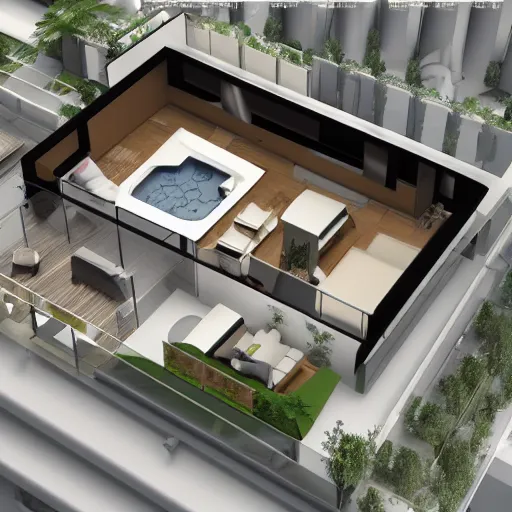Prompt: large penthouse, luxury, 3d render, blender, floorplan