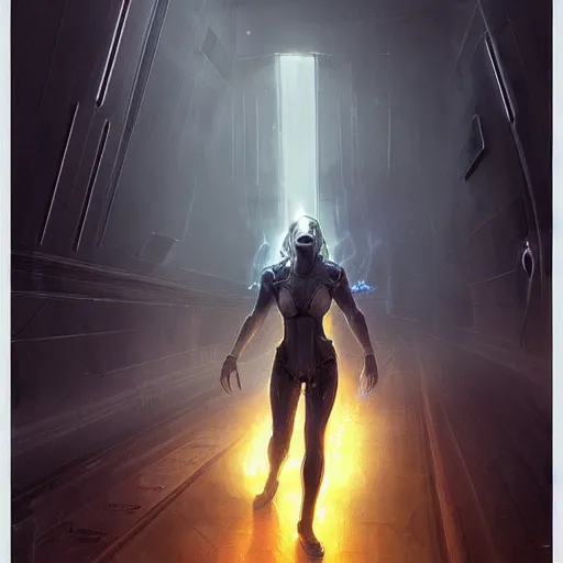 Prompt: humanoid electric transparent lightning elemental wearing sci-fi goggles, haunted spaceship hallway, sci-fi artwork, horror, 8k, concept art, dramatic pose, art by artgerm and greg rutkowski