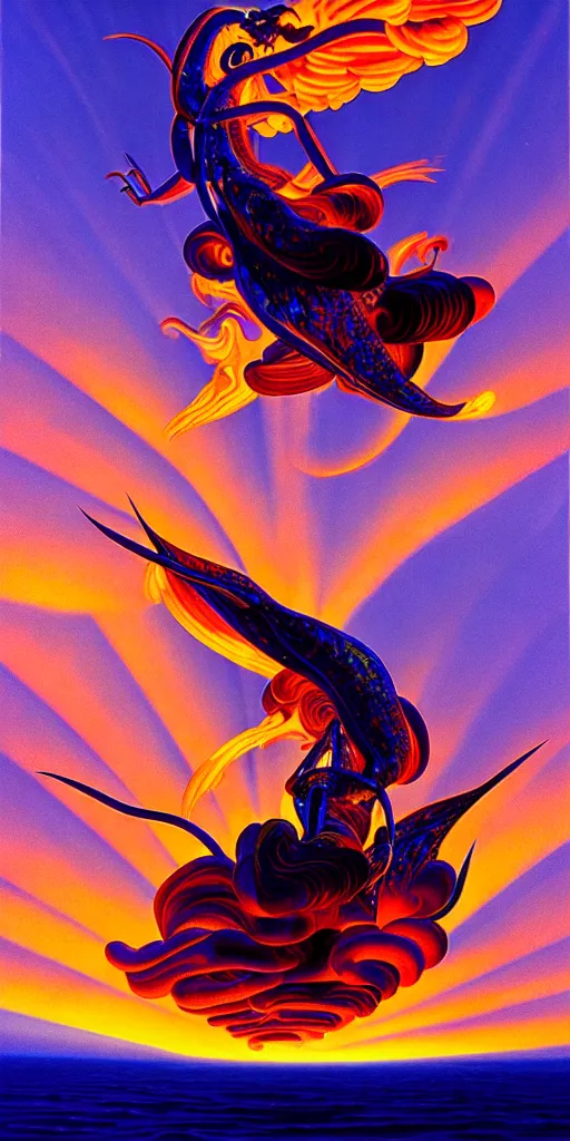 Image similar to hyperrealistic iridescent intricate zmeu spitting fire and flying through the sky at sunset syd mead dali dramatic lighting