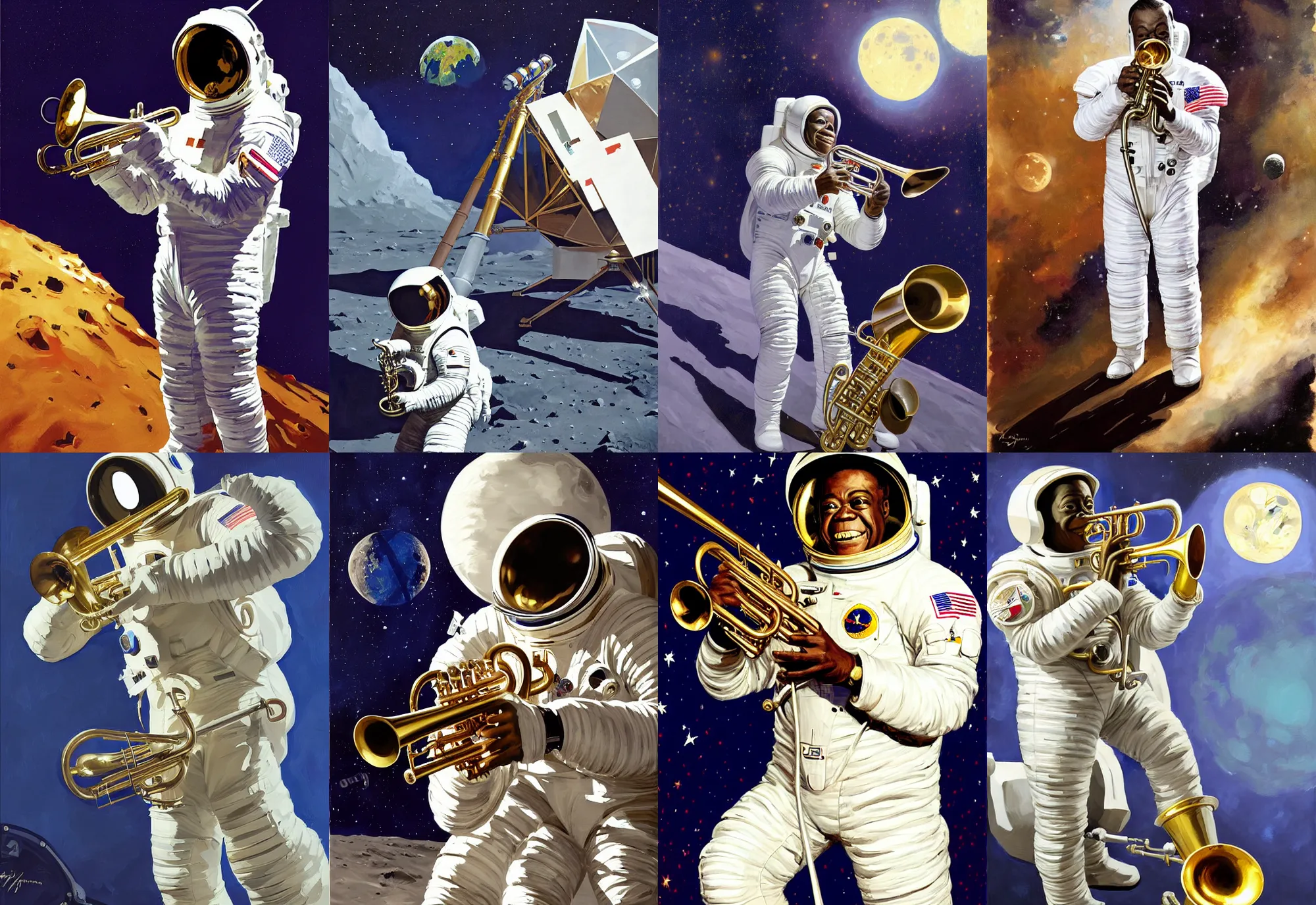 Prompt: a portrait of louis armstrong wearing a space suit on the moon, with a trumpet on the ground, by greg manchess and john singer sargent and jonathan yeo, dramatic lighting, highly detailed digital painting