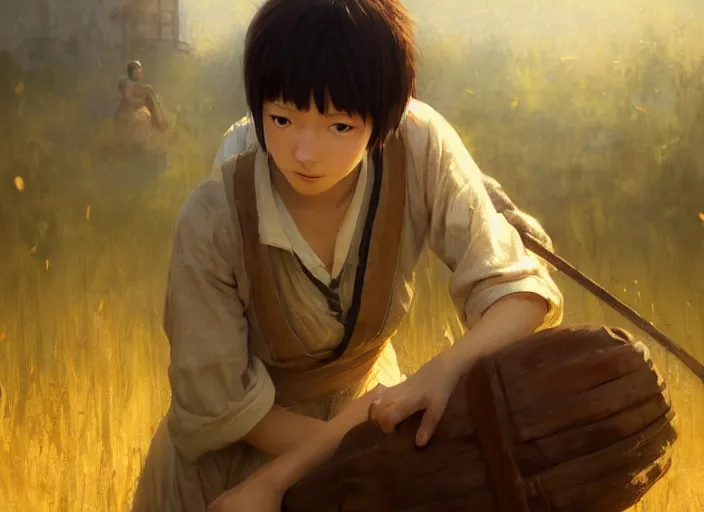 Prompt: lain iwakura as medieval peasant working in the field wiping off sweat from forehead sparkling amber cute eyes wonderful masterpiece highly detailed scifi, beautiful cinematic light deep focus, elegant, digital painting, smooth, sharp focus, golden ratio, dramatic illumination, ultra realistic, 4 k, art by greg rutkowski wlop rossdraws