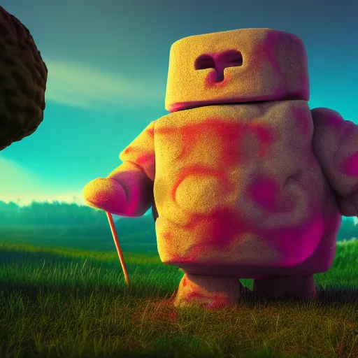 Prompt: A Marshmallow Golem wandering a candy landscape, mystical, mysterious, magical, Octane Render, Raytracing