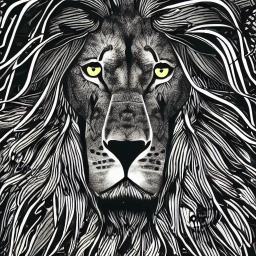 Prompt: illustration of an epic looking lion with a mane of rasta dreadlocks staring into the distance