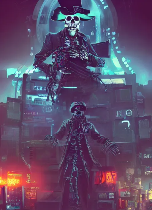 Prompt: a cyberpunk hacker pirate captain skeleton with a pirate hat sitting in front of a huge old crt monitor in a dark room, highly detailed, intricate, digital art, trending on artstation, trending on cgsociety