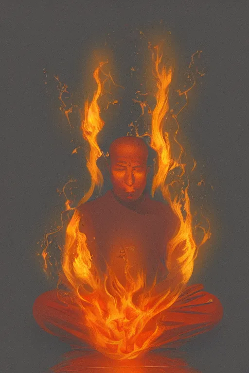 Image similar to A single monk meditating in flames by Afshar Petros, Trending on artstation.