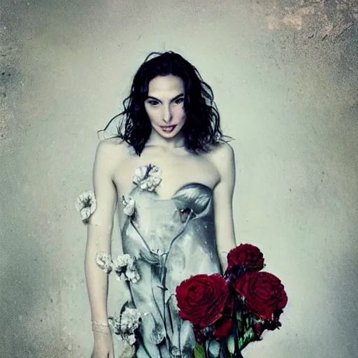 Image similar to full body fine art photo of the beauty gal gadot, she is merging from dried roses, taken by oleg oprisco