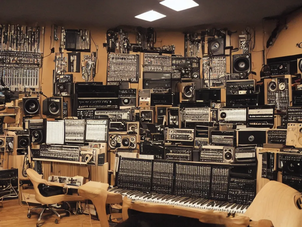Image similar to an infinite and majestic music studio containing every instrument in existence