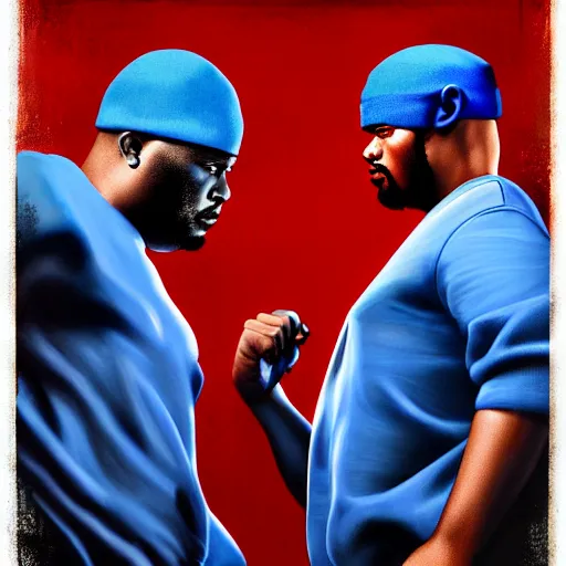 Image similar to crips vs bloods, uhd, 8 k painting by emanuele dascanio and robin eley