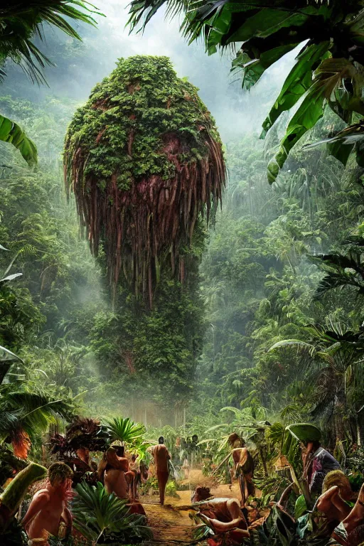 Image similar to a giant meat eating plant in the exotic jungle, landscape, alex ross, giga, david finch, concept art, matte painting, highly detailed, rule of thirds, dynamic lighting, cinematic, detailed, denoised, centerd