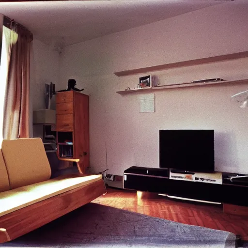 Image similar to Typical Slovenian urban living room in the year 1983, professional interior photography