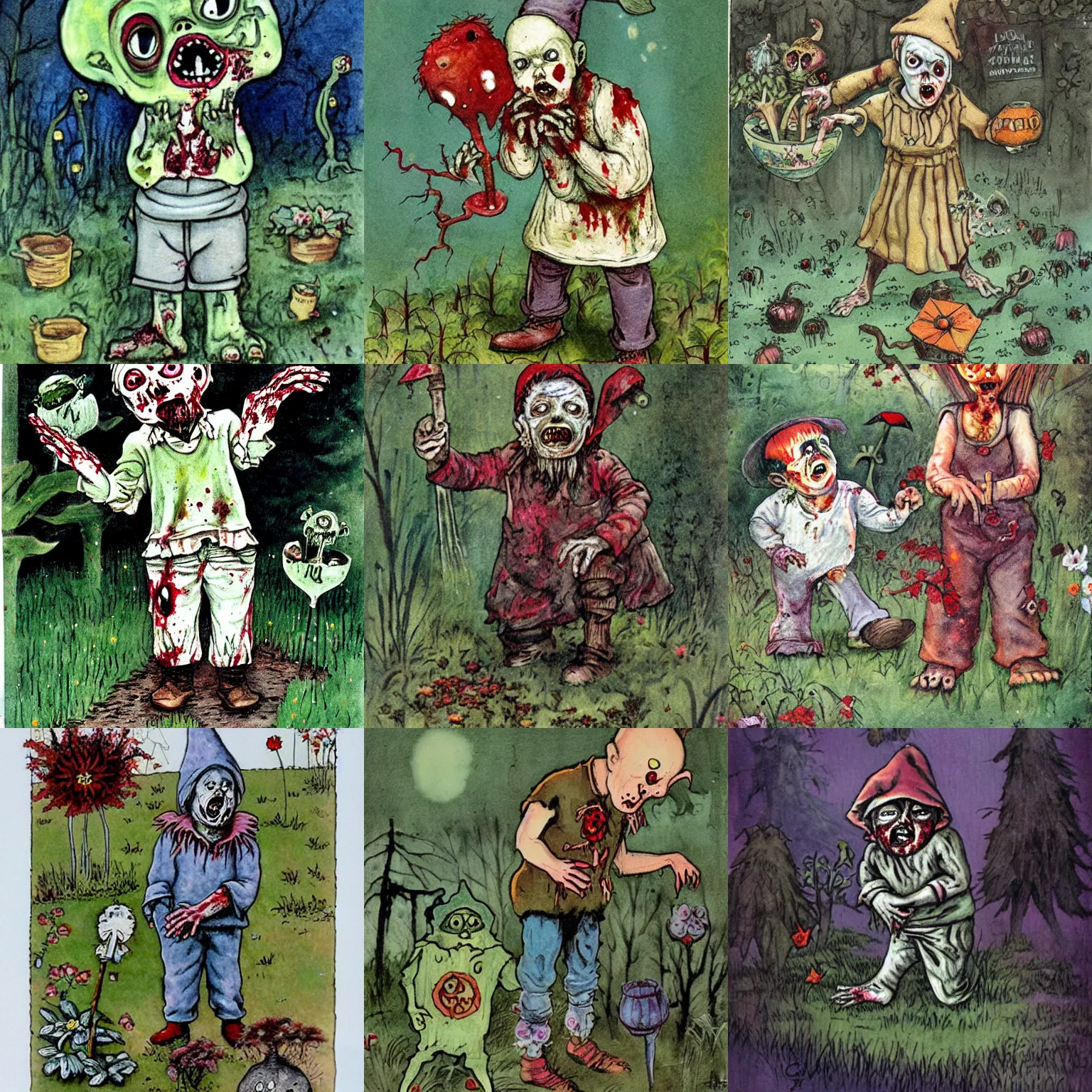 Prompt: zombie garden gnome by Cicely Mary Barker