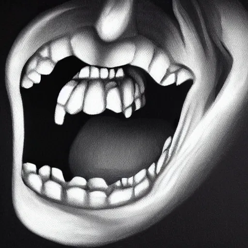 Prompt: a chiaroscuro style painting of an open mouth extremely detailed teeth