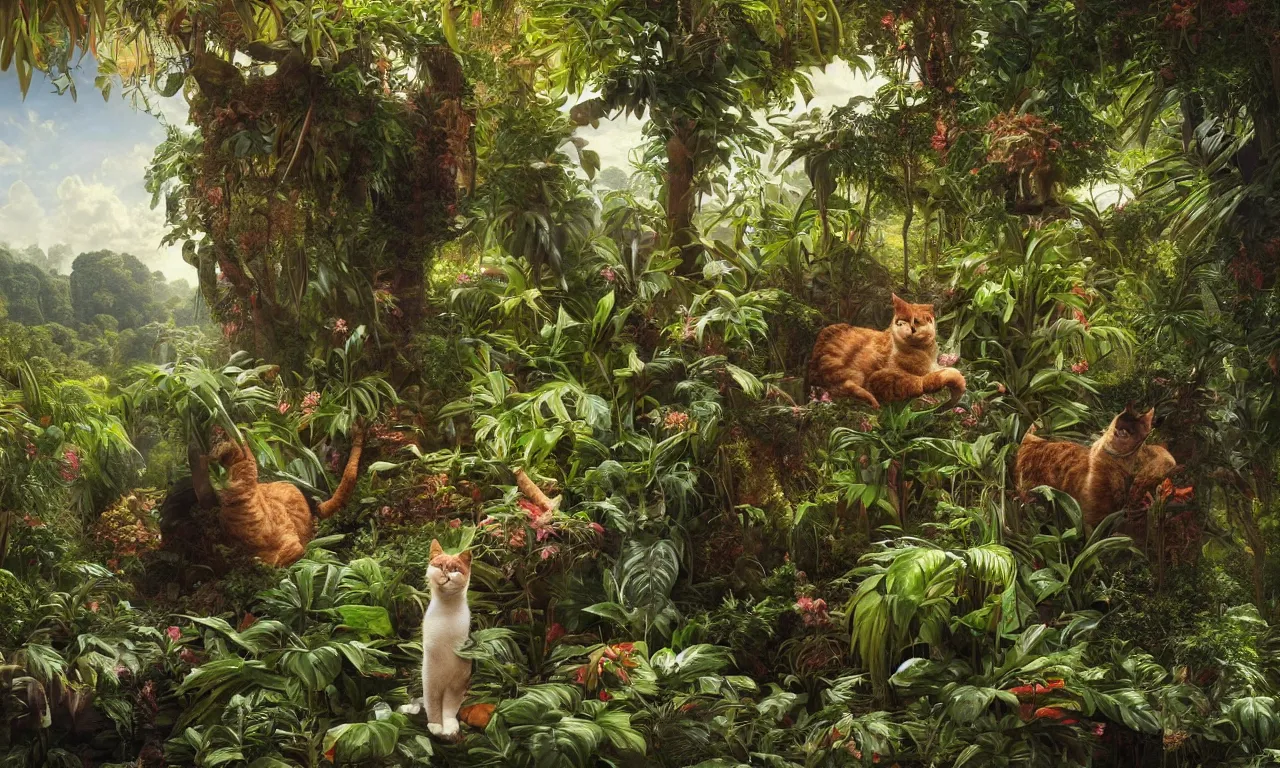 Prompt: a portrait of a cat sitting amongst big tropical plants, painting by James C. Christensen, by Tomasz Alen Kopera, by Raphael, by Caravaggio, 8K, rendered in Octane, cinematic, 3D, volumetric lighting, highly detailed, photorealistic, hyperrealism