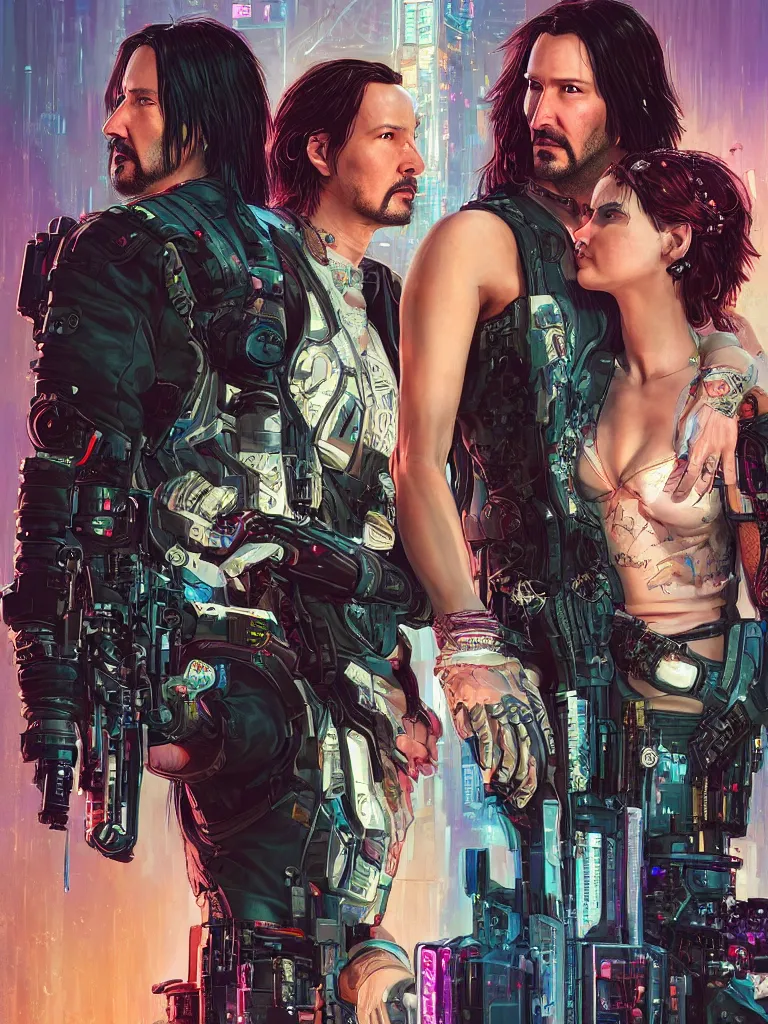 Prompt: a cyberpunk 2077 wedding couple portrait of Keanu Reeves as Johnny Silverhand and V in love story,pray,hug,hold,kiss,film lighting,by Lawrence Alma-Tadema,Andrei Riabovitchev,Laurie Greasley,Dan Mumford, John Wick,Speed,Replicas,artstation,deviantart,FAN ART,full of color,Digital painting,face enhance,highly detailed,8K,octane,golden ratio,cinematic lighting