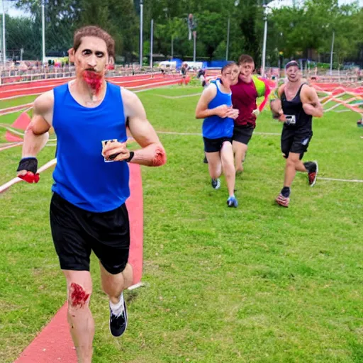 Image similar to photograph of an athletic man holding a bible while running. Bible is in their hands. Zombies in the background. Track and field event. DSLR Photography