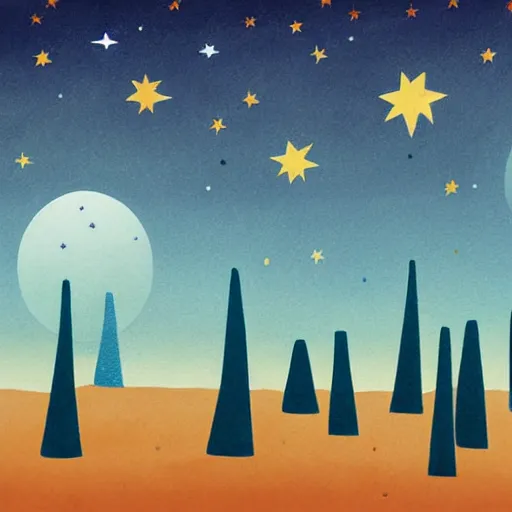 Prompt: « calming illustration of a foreign sky with colorful stars and planets »
