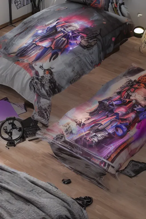 Prompt: photo of of bedlinen in a modern bedroom, band merchandise, bandname is tripmachine, tourname is invasion of the tripmachines, realistic digital art, bedlinen is textured with a 3 d render of a huge futuristic steampunk generator, 8 k, fluorescent colors, halluzinogenic, multicolored, exaggerated detailed, unreal engine