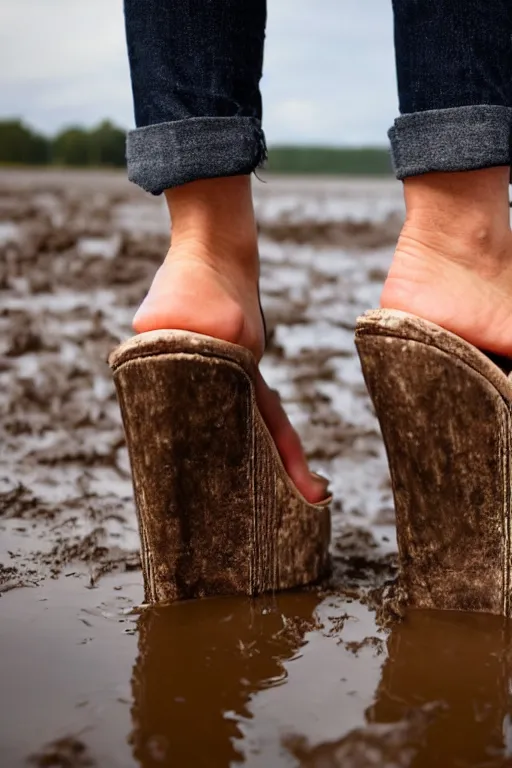 Image similar to extreme close up of huge platform sandals walking trough mud