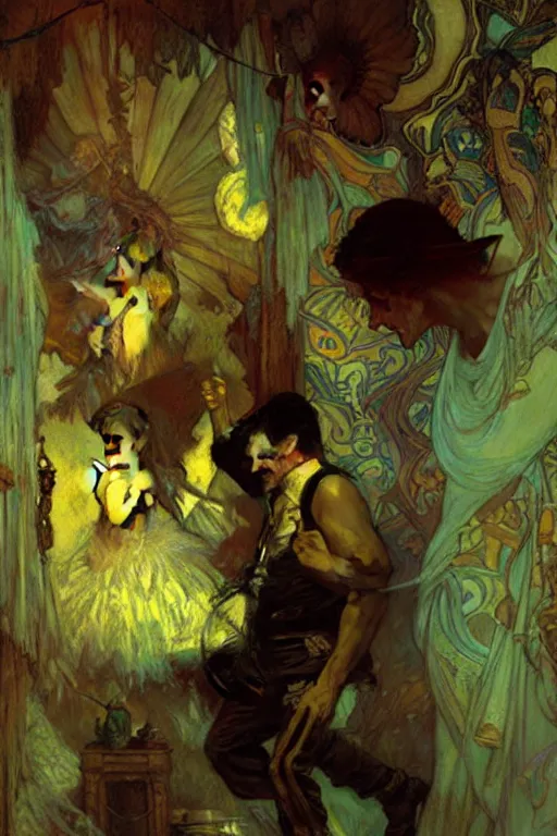 Image similar to zak bagans chasing ghosts, painting by gaston bussiere, craig mullins, greg rutkowski, alphonse mucha