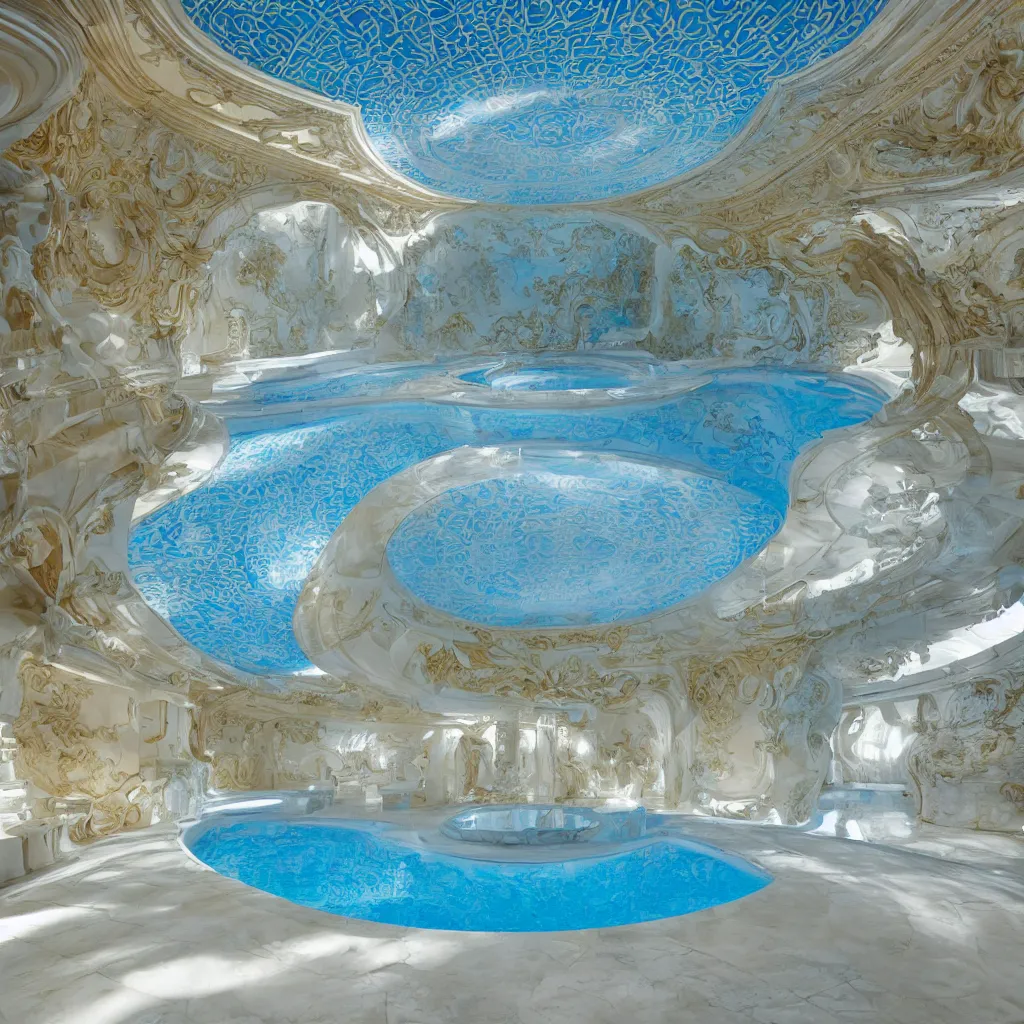 Image similar to an incredibly smooth curvilinear neo baroque pool interior architectural sculpture, a golden pool on the ground is envelope by folding white surfaces, blue light showing a garden, visually satisfying architecture render