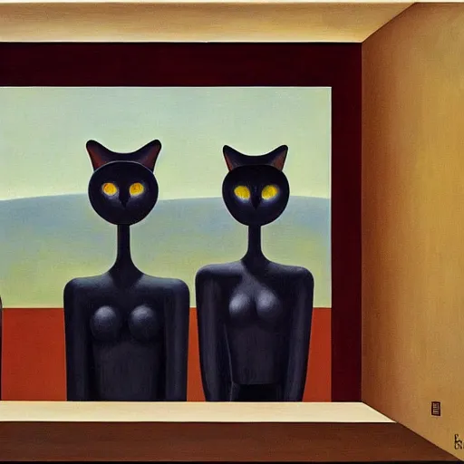 Image similar to three brutalist feline robots portrait, grant wood, pj crook, edward hopper, oil on canvas