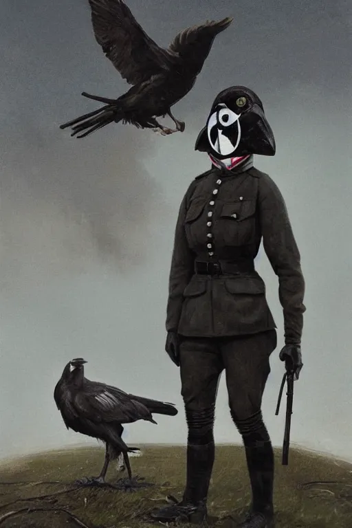 Prompt: ww 1 german female masked operative with the standard black uniform and a white porcelain crow mask, artstation, trending on artstation, establishing shot, by simon stalenhag