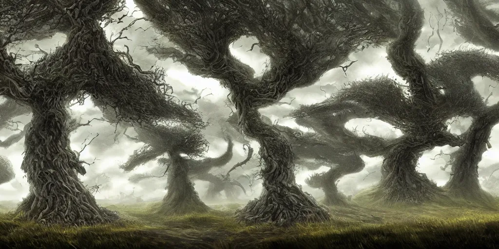 Prompt: swaths of leaned keeled over toppled windswept windswept windswept trees, no visible soil, high quality fantasy art, 4k