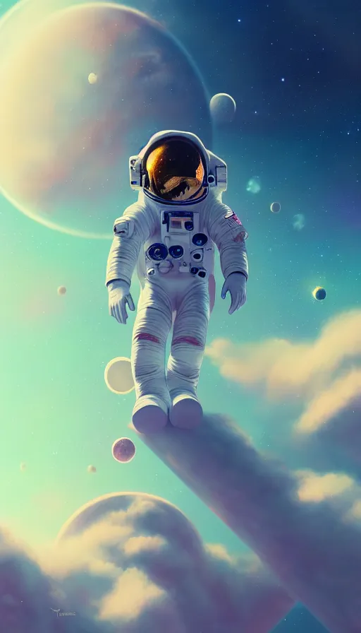 Prompt: a beautiful universe composition, astronaut floating, planets, sky, dream, highly detailed, digital painting, refreshing, trending on artstation, octane render, illustration by james jean