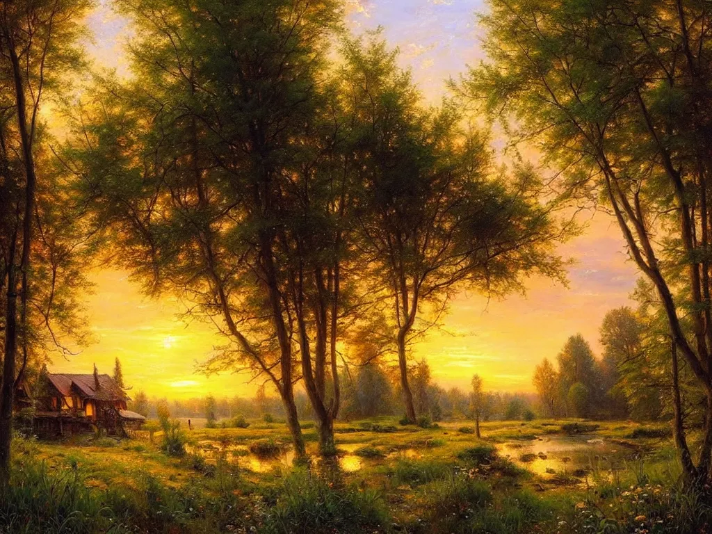 Prompt: beautiful landscape house in the village summer, evening, sun is going down warm color palette natural lighting, soft light, artstation high detailed, melancholy pastel art, oil on canvas by ivan shishkin and mark keathley