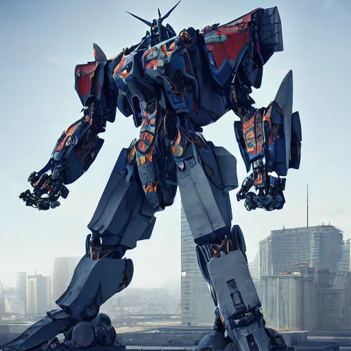 Image similar to a beautiful hyperrealistic ultradetailed 3D render of a gigantic mecha standing behinder the city, by brian sum and stephen martiniere and Antonio Manzanedo. mech, dragon, unreal engine, octane render, PBR, 3D, brilliantly colored, intricate, wide angle, volumetric lighting, polished, path tracing