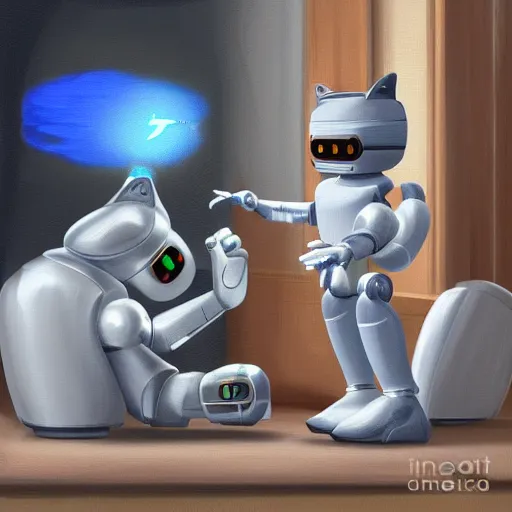 Image similar to robots having a discussion in front of a cat, digital painting