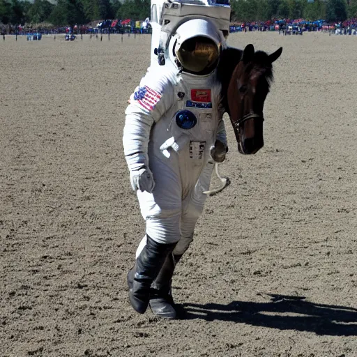 Prompt: astronaut carries a horse behind. on the back