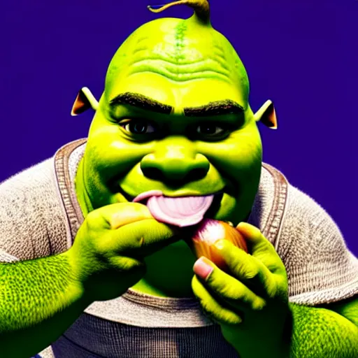 Image similar to a stock photo of shrek eating an onion, 8 k, ultra - realistic, white background, face cluse - up, studio lighting