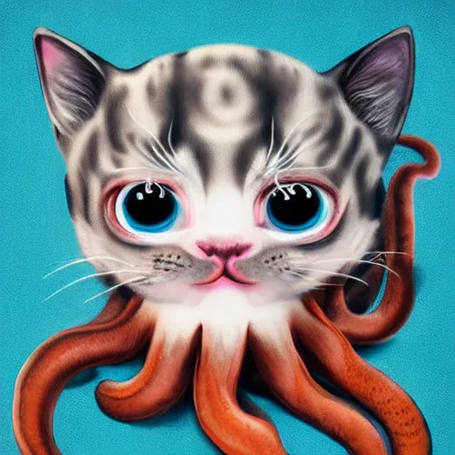 Prompt: kitten octopus chimera, feline squid tentacle fur fangs, portrait photography, single subject, faded background, adorable kawaii big eye cute cuddly, photorealism in the style of National Geographic