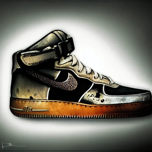 Image similar to high detail photograph, 8 k uhd : ( subject = nike airforce 1 shoes + subject detail = art by christopher shy, custom paint )